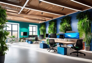 modern dynamic workspace featuring sleek furniture innovative technology enhanced productivity, office, design, interior, ergonomic, creative, collaboration