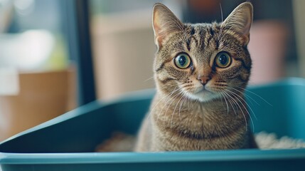 A distressed cat with urinary tract infection sitting in a litter box indoors