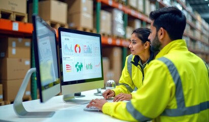Indian Logistics Team Analyzing Inventory Data on Dual Monitors in a Warehouse Setting