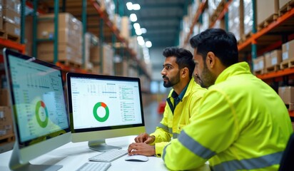 Indian Logistics Team Analyzing Inventory Data on Dual Monitors in a Warehouse Setting