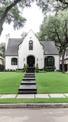 A classic white mansion stands majestically, framed by lush greenery and autumn leaves under a bright sky, creating a picturesque scene of elegance and tranquility