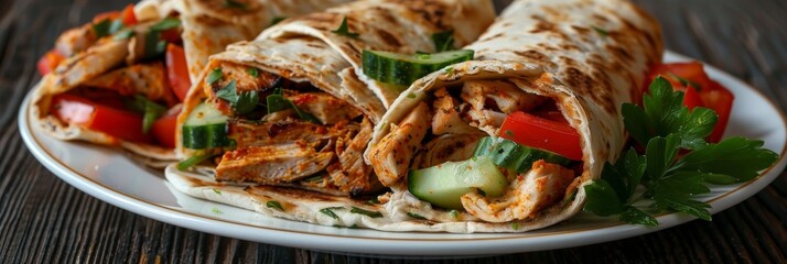Chicken Shaverma, Doner Kebab with Vegetables on a White Plate Close Up, Wheat Tortillas Stuffed