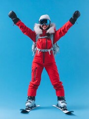 young excited woman wear warm padded windbreaker jacket hat ski goggles mask snowboarding raise up hand travel rest spend weekend winter season in mountains. generative ai
