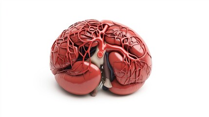 Medical illustration of a human brain with exposed blood vessels showing detailed anatomical structure.