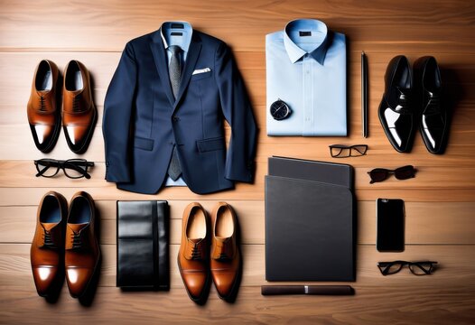 neatly arranged stylish business attire desk accessories stationery professional workspace, clothing, shirt, tie, jacket, trousers, laptop, notebook, pen - Powered by Adobe