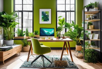 Fototapeta premium dynamic workspace featuring vibrant office supplies stylish decor engaging productive environment, colors, design, furniture, organization, creativity