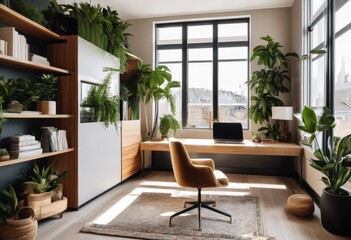 Fototapeta premium chic cozy office layout featuring stylish design elements modern workspace, decor, furniture, lighting, colors, arrangement, aesthetic, comfortable, functional