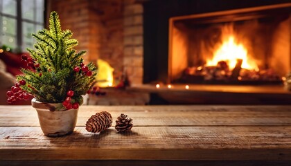 Rustic Christmas Scene - A wooden tabletop adorned with a festive arrangement of pinecones, Graphic art illustration