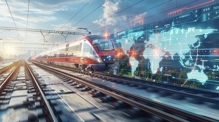 Fototapeta premium A conceptual image of a train moving along a track that transitions from a physical map into a digital screen, blending traditional and modern navigation concepts with copy space on the side.