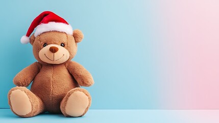 teddy bear with red santa hat sitting on pastel background. Empty place for text Pastel color. Closeup.