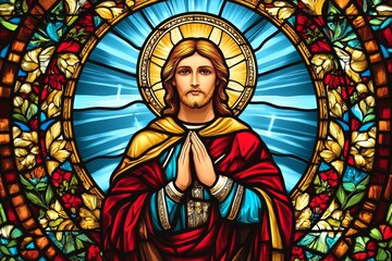 Fototapeta premium Vibrant stained glass window depicting Jesus Christ with a radiant halo, hands in prayer