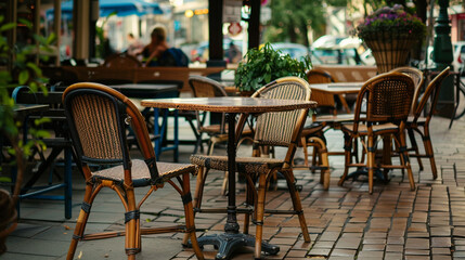A welcoming caf?(C) terrace with empty chairs and tables, anticipating the day's visitors.
