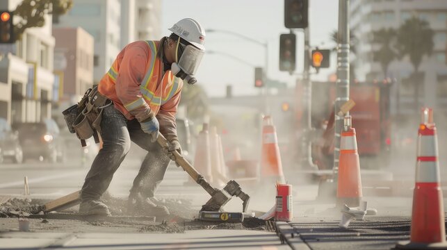 A construction worker with a high-grade dust mask and a high-visibility jacket, using a jackhammer on a city street with traffic cones around him.