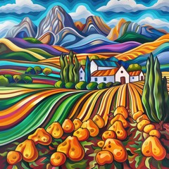 icon potato plantation farm scene with mountains, colorful, humorous, iconic, simplistic
