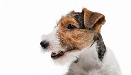 笑顔のワイアー・フォックス・テリアの子犬のポートレート（Portrait of a smiling Wire Fox Terrier puppy on white background）

