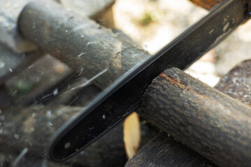 Cordless Chainsaw. Close-up of woodcutter sawing chain saw in motion, sawdust fly to sides.