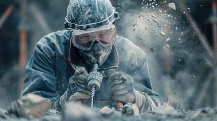 A construction worker wearing a high-grade dust mask and heavy-duty gloves, drilling into concrete and surrounded by airborne dust particles.