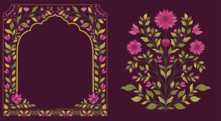 Mughal decorative ornamental floral. Vintage intricate traditional mughal style with flowers and foliage.