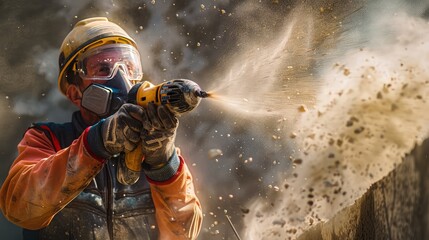 Obraz premium A construction worker wearing a high-grade dust mask and heavy-duty gloves, drilling into concrete and surrounded by airborne dust particles.