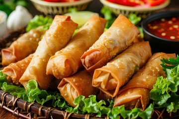Filled vegetable egg rolls with sweet sour dipping sauce