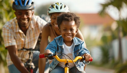 Obraz premium Happy Black Family Riding Bikes Together