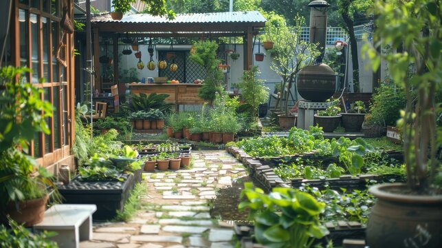 growing their own food in a garden. The scene should convey a sense of harmony with nature and a commitment to sustainable living 