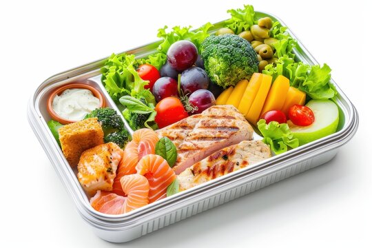 Food filled lunch box on white background
