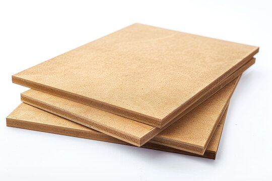 Four identical rectangular brown mdf boards fanned out on white background