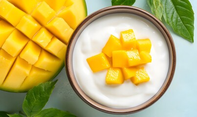 A creamy Greek yogurt, there are some pieces of fresh mango, Generative AI