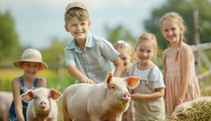 Fototapeta premium Happy Children Playing with Piglets on Farm