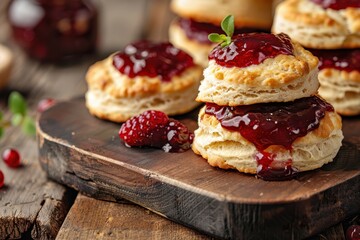 Fresh berry preserves on fluffy southern biscuits scones on wooden cutting board