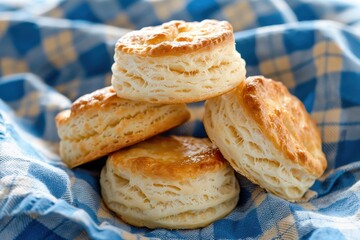 Fresh homemade buttermilk biscuits or scones displayed on blue and white towel vertically