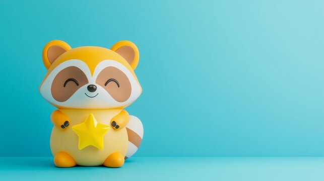 Blue gradient background with a playful raccoon with a five-star rating and a positive customer review