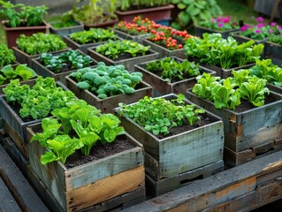 urban gardening vegetables in wooden boxes