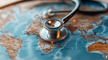 A stethoscope placed on a world map, symbolizing global healthcare and international medical services.