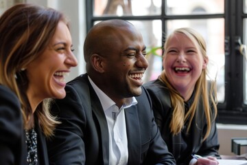 Fototapeta premium Diverse businesspeople laughing during a meeting around an offic, Generative AI