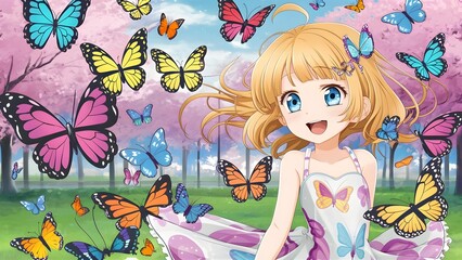 Anime Girl Surrounded by Colorful Butterflies in a Park