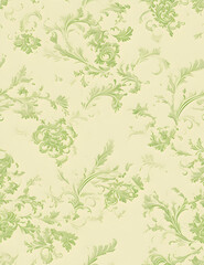 A delicate vintage-style floral scroll pattern in soft pistachio green on a pale background. The light and airy design exudes elegance and subtlety, perfect for classic decorative projects.