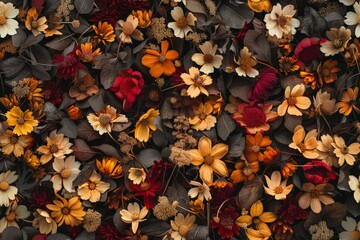 Fototapeta premium Dry Plants Seamless Pattern, Decorative Twigs, Seeds and Flowers Top View, Dried Flowers Endless Tile