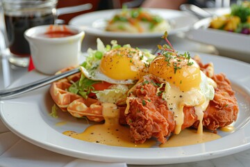 Fried chicken waffles Eggs Benedict Hollandaise sauce for brunch