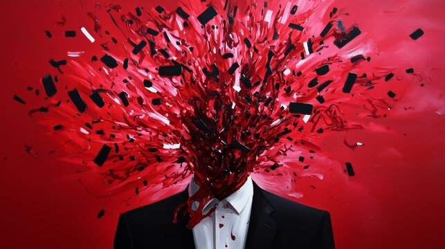 Surreal image of a suited figure with an exploding head against a red background, symbolizing creative chaos and mind explosion.