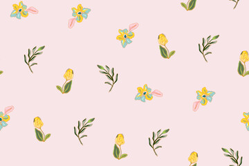 Cute feminine seamless watercolor pattern with little tiny wildflowers, hand drawn, not AI