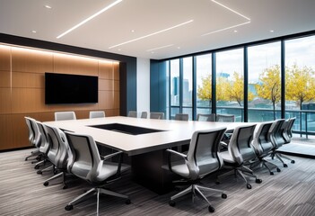 sleek modern conference room showcasing cutting edge technology stylish furniture innovative equipment, design, advanced, lighting, workspace, meeting, decor