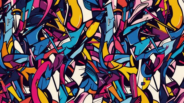 A continuous pattern of chaotic lines and shapes in a high-contrast color scheme, mimicking the spontaneous work of an abstract graffiti artist.