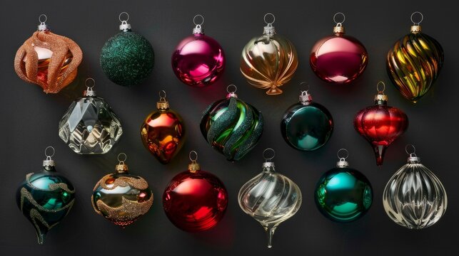 Handcrafted glass blown Christmas ornaments in various shapes and colors, showcasing traditional holiday decor and artisanal craftsmanship
