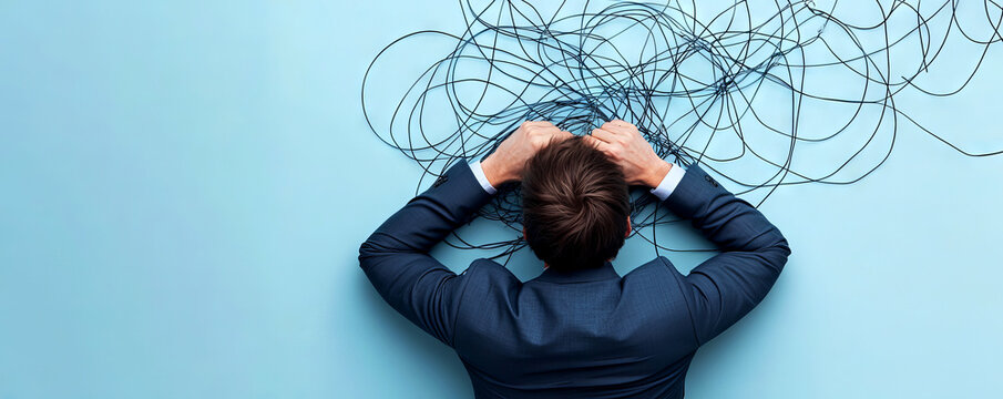 A frustrated businessman surrounded by tangled wires, symbolizing chaos and the struggle for clarity in a complex world.