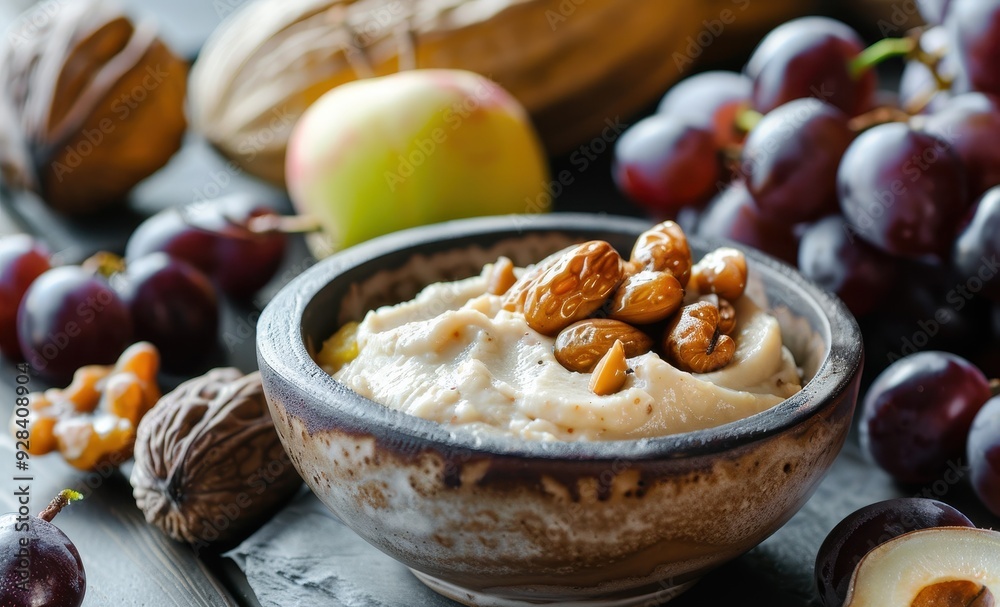 Sticker fruit around bowl of chestnut cream