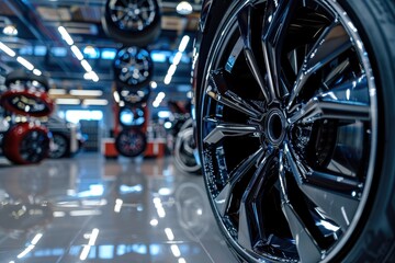 Front view of carbon covered sports alloy wheel in car shop hall among other wheels