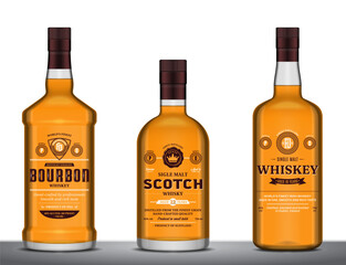 Vector whiskey, bourbon and scotch whisky labels and bottle mockups