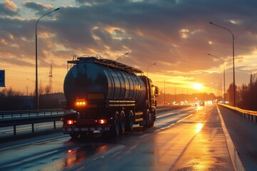 Fuel truck travels on highway at sunset